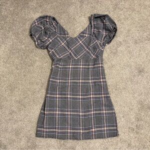 Altar’d State Chic Blue and Pink Plaid Dress with Puff Sleeves & Square Neck